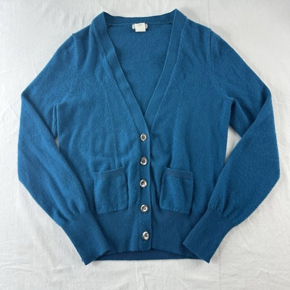 J. Crew Womens 100% Cashmere V-Neck Cardigan Sweater Large Blue Old Money Preppy - Picture 1 of 7